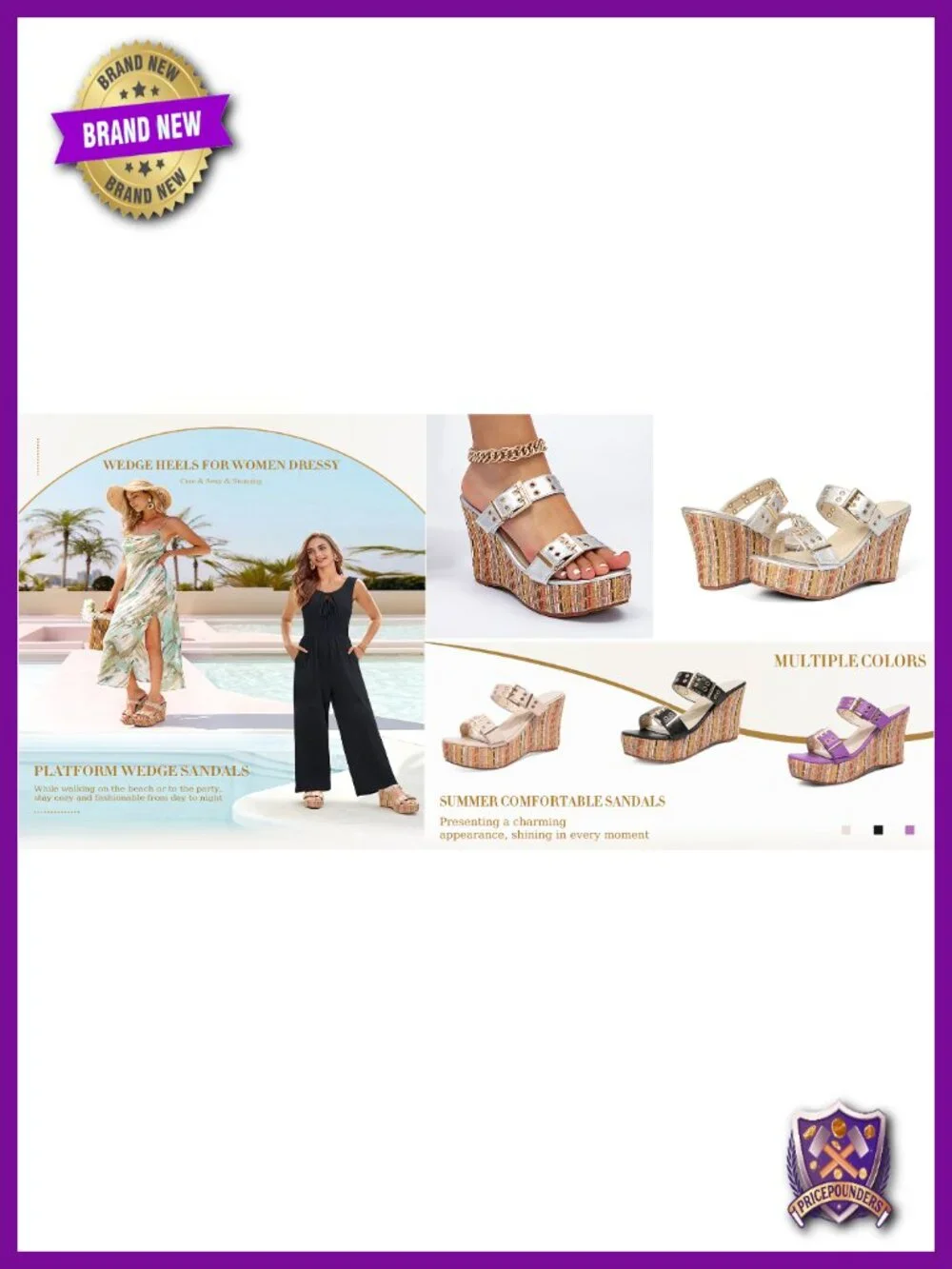 Women's Wedge Sandals with Buckle Strap, Slip On, Peep Toe Platform Heels,